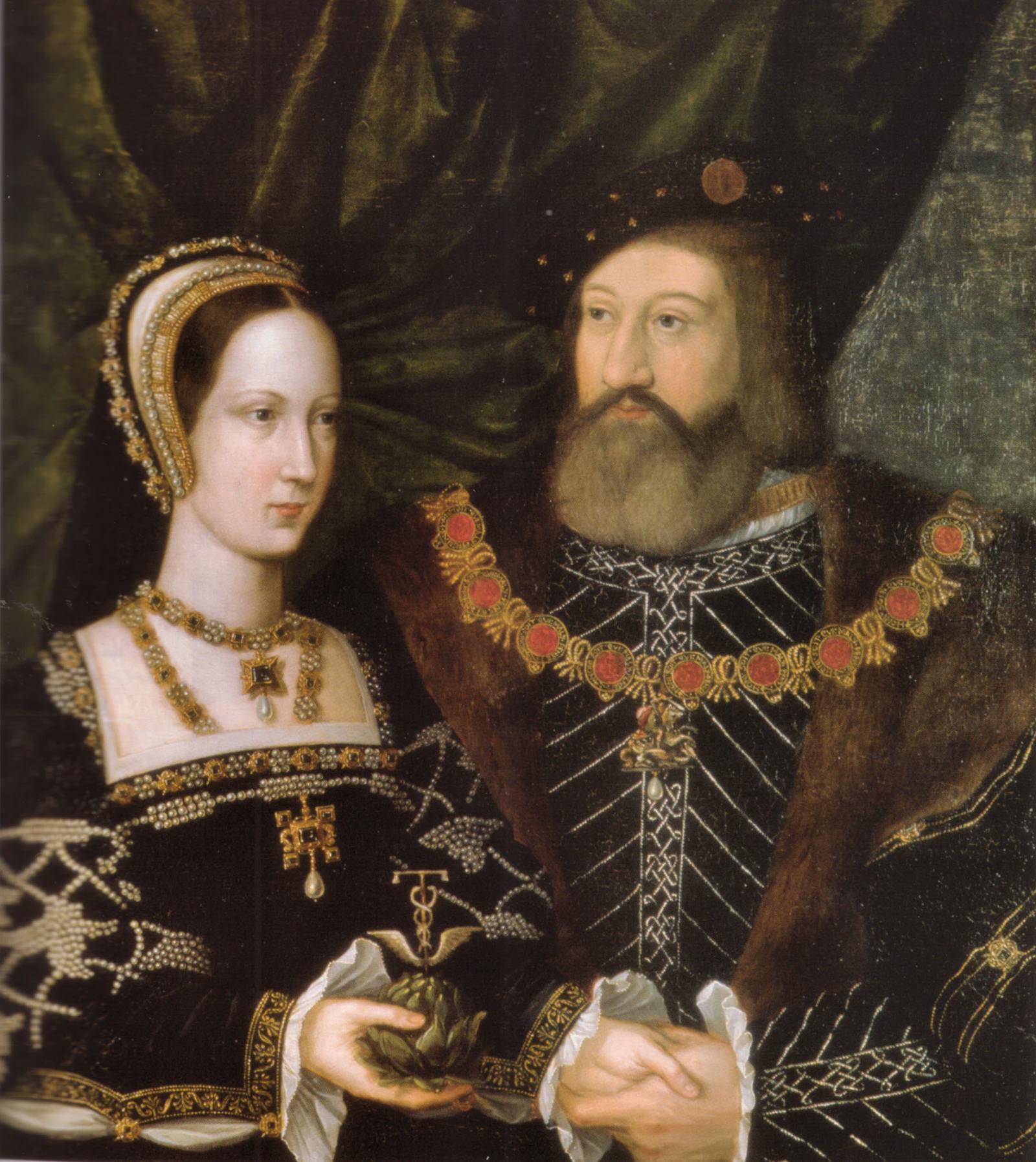 Mary Tudor wearing a French hood and Charles Brandon, Duke of Suffolk, attributed to Jan Gossaert, c. 1516. Public domain via Wikimedia Commons.