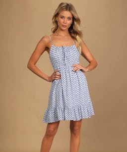 Grecian Getaway Blue and White Print Mini Dress