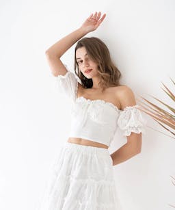 Chicwish Floral Embroidery Off-Shoulder Crop Top and Skirt Set