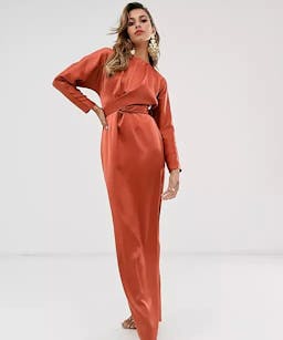 ASOS DESIGN Rust Satin Maxi Dress with Batwing Sleeve