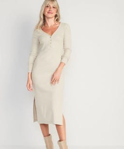 Old Navy Fitted Long-Sleeve Heathered Rib-Knit Henley Midi Dress