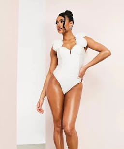 ASOS Luxe Bardot Swimsuit with Tulle Corsage Strap Detail