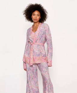 NastyGal Paisley Splice Bralette Wrap Kimono Pajama Pants 3pc Set