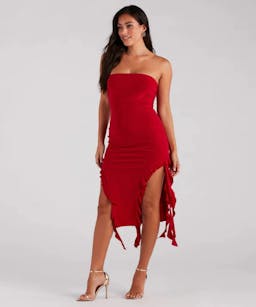 Windsor Flirtatious Aura Ruffled High Slit Midi Dress