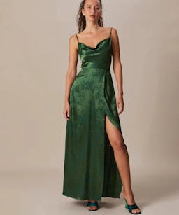 Rihoas The Green Cowl Neck Jacquard Satin Maxi Dress