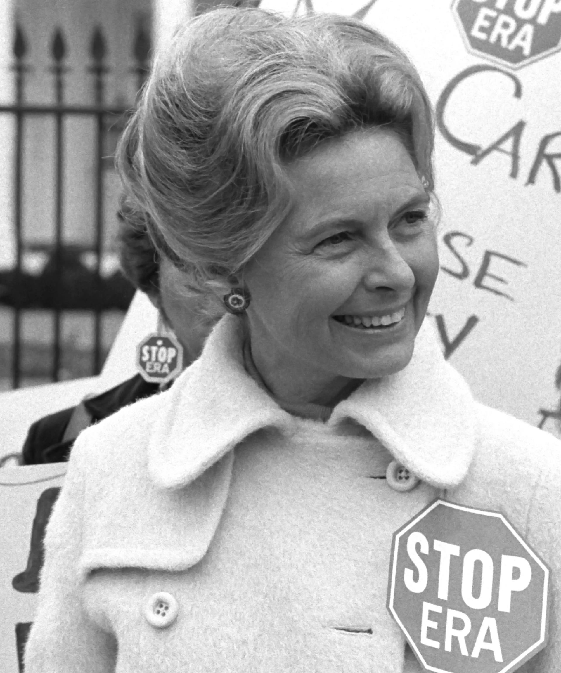 Activist Phyllis Schafly wearing a Stop ERA badge/Warren K. Leffler, Public domain, via Wikimedia Commons