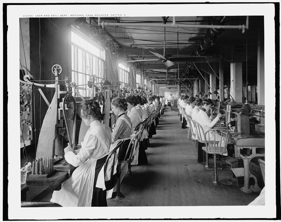 Lock and drill dept., National Cash Register, Dayton, Ohio. Photographed in 1902 by William Henry Jackson. Public Domain via Library of Congress