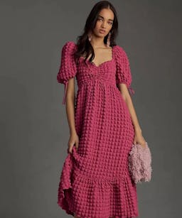 Endless Rose Puff Sleeve Sweetheart Textured Midi Dress