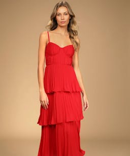 Lulus Cascading Crush Red Tiered Bustier Midi Dress